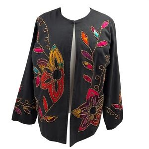 Choices Woman Black Embroidered Floral Jacket 1X Vintage Boho Artsy India Craft